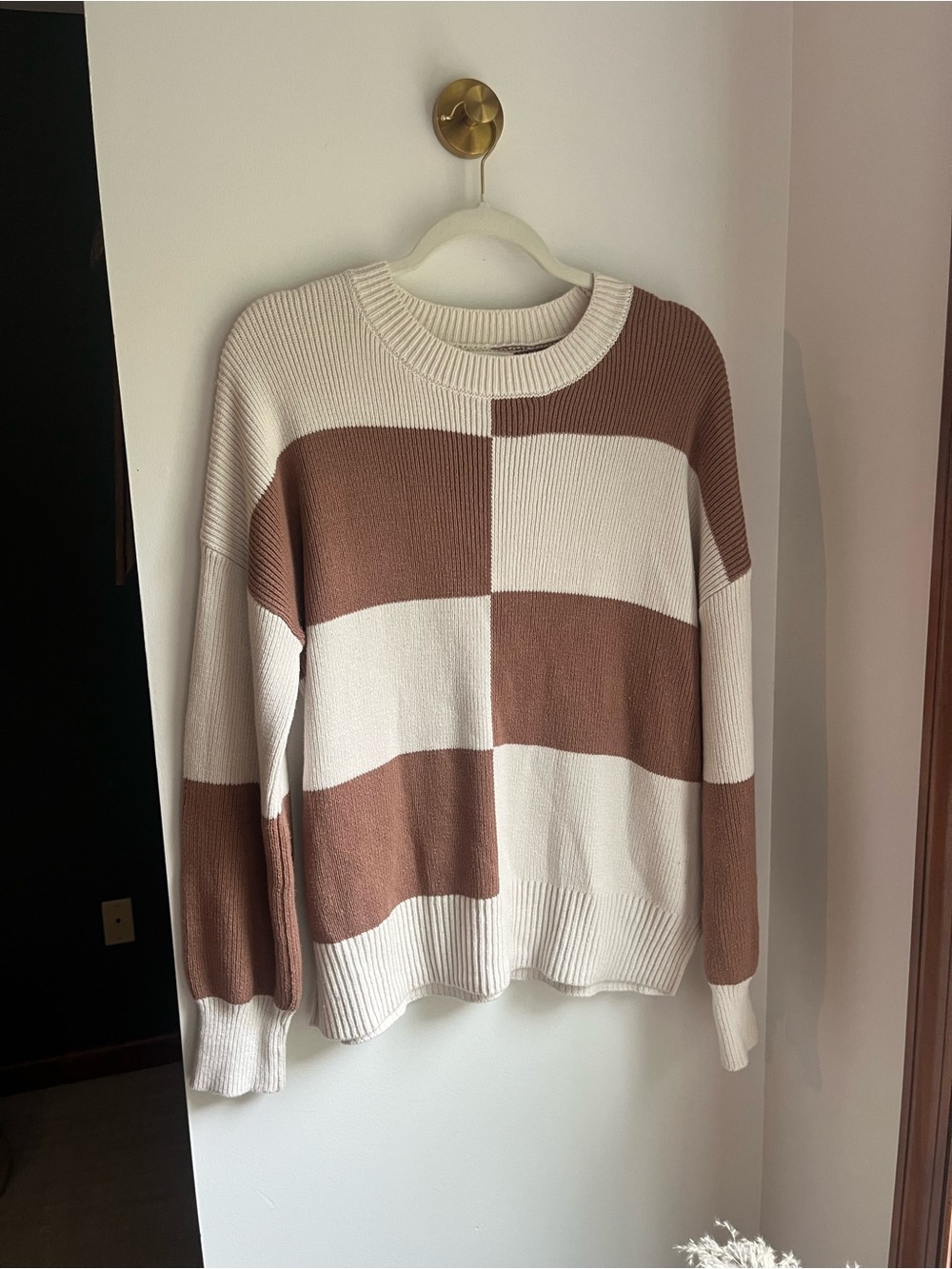 Brown & Cream Chessboard Sweater | Color Block Fall Sweater | Preppy Neutral | S